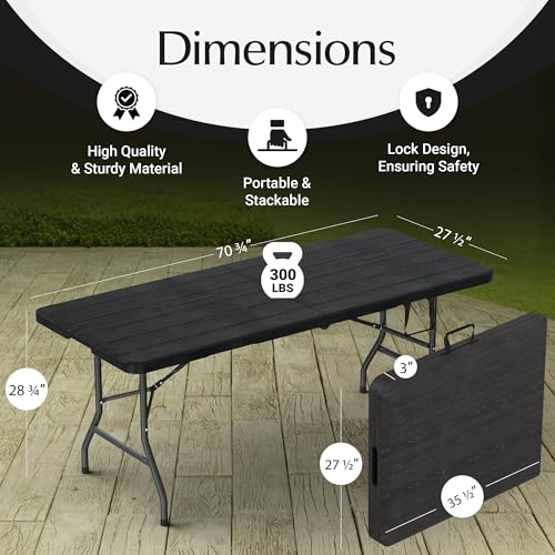 6 Feet Foldable Table with Built in Handle & Steel Legs | 6FT Heavy Duty Folding Portable | Perfect for Party, Dining, Wedding, Events, Picnic Indoor, Outdoor, Camping, Utility, Folding - 6 Foot - color: Black, size: 6 FT