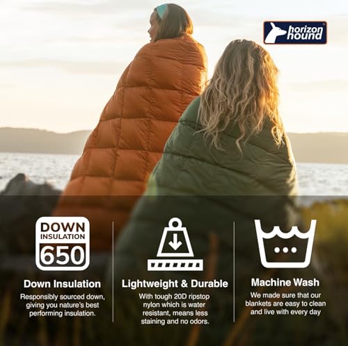 Horizon Hound Down Camping Blanket 650 Fill Power - Ultralight Backpacking Quilt (1lb 6oz) Warm & Water-Resistant 20D Nylon Shell for Outdoors, Camping, Hiking, Travel, & Stadium - Packable - color: Forest Green