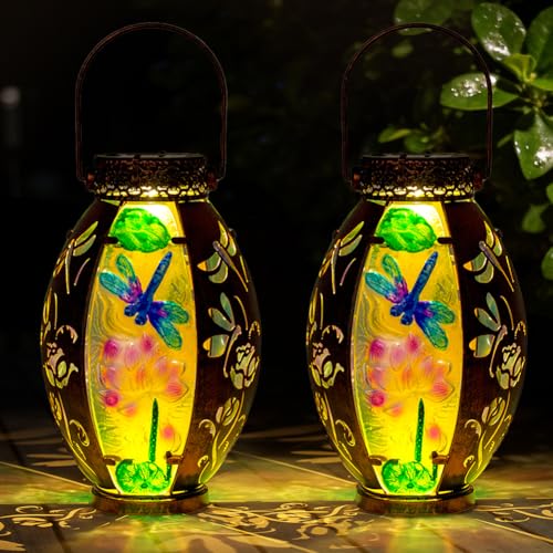 STARSOUL 2 Pack Solar Lantern Outdoor Waterproof, Hanging Solar Lantern for Patio Garden Yard Decor, Dragonfly Garden Decor, Dragonfly Gift for Women - color: Dragonfly-B