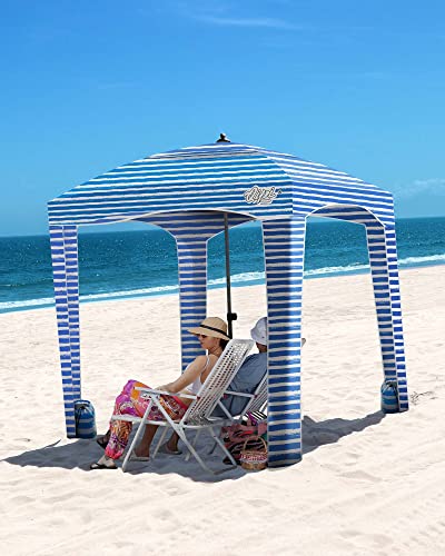 Qipi Beach Cabanas for Sand, Beach Canopy with Sandbags & Side Wall for Family, Easy Set Up Sun Shelter, UPF 50+ UV Protection with Roof Vent - color: 6' x 6' Blue Stripes with Changing Room