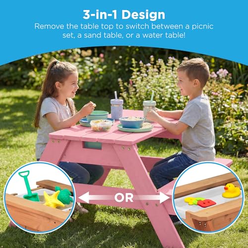 Best Choice Products Kids Picnic Table with Umbrella, 3-in-1 Sand & Water Table, Outdoor Convertible Picnic Table for Toddlers, Seats 4, Removable Top, 2 Buckets - Pink - color: Pink