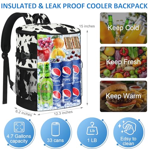 Tenot Cooler Backpack 33/40 Cans Backpack Coolers Insulated Leak Proof Soft Beach Cooler Bag for Men Women Ice Chest Backpack Camping Hiking Picnic Travel Cooler Lunch Backpack - color: Cow Print, size: 33 Cans