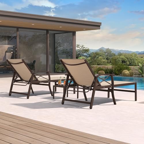 PURPLE LEAF Outdoor Oversized Chaise Lounge Chair Set of 3 Patio Pool Lounger Aluminum Chairs with Side Table and Wheels Adjustable Tanning Recliner with Armrests for Outside Yard Beach, Pebble Gray - color: Pebble Gray, size: Oversized Upgrade