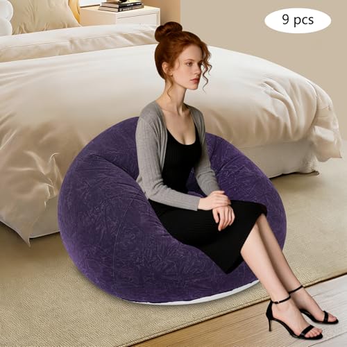 9 Pcs Inflatable Bean Bag 264.55 lbs Capacity Indoor and Outdoor Portable Foldable Flocking Fabric Inflatable Sofa Games Chairs with 2 Foot Air Pump for Living Room Bedroom (Dark Blue) - color: Dark Blue