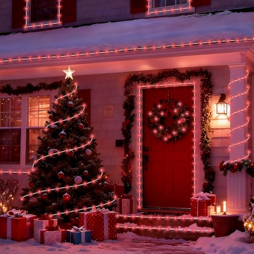 YEGUO Solar Rope Lights Outdoor Waterproof, 66ft 200 LED Red String Lights, 8 Modes Fairy Lights in Clear Thin Tube - color: Red