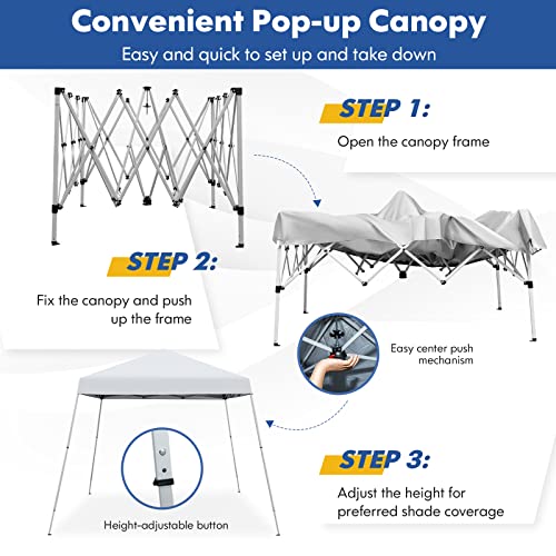 Tangkula 10x10 Ft Pop Up Canopy, Slanted Leg Outdoor Canopy Tent with Center Lock, UPF50+ Sun Protection, 4 Stakes, 8 Ropes, Carrying Bag, 1 Person Setup Instant Tent Shelter for Camp, Beach, Patio - color: White