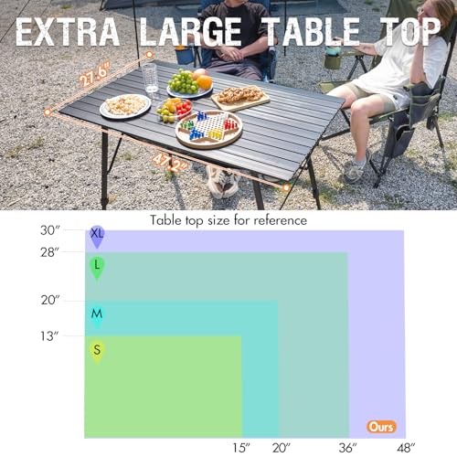 Portal Camping Table Portable Foldable with Adjustable Legs, Aluminum Folding Table Roll Up Table with Carrying Bag for Outdoor, Beach, Picnic, Backyards, BBQ and Party, Black, Big - color: Black, size: Extra Large-47.2"L x 27.6"W