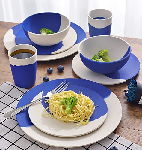 MORGIANA Bamboo Dinnerware Set, 8-Pieces Reusable Tableware Set, Eco-Friendly Plates, Cups, Bowls for Camping Picnic Outdoor Party (blue & white) - color: Blue & White