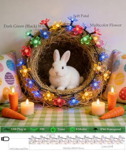 Cute Pastel Flower Fairy Lights String, Cherry Blossom Floral Garland Vine Decor with Timer, 8 Modes, USB Plug in for Wedding Christmas Tree Bedroom Hanging Indoor Outdoor Decorations (Multicolored) - color: 33ft Multi-colored Flowers
