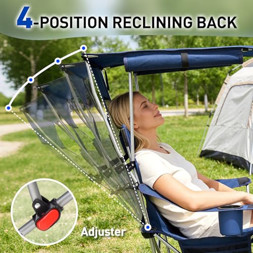 East Oak Reclining Camping Chair with Canopy & Foot Rest | 4-Position Folding Beach Chair with Adjustable Canopy, Detachable Foot Rest, Supportive Headrest, 330 lbs Canopy Chair - color: Blue, style: Reclining Chair