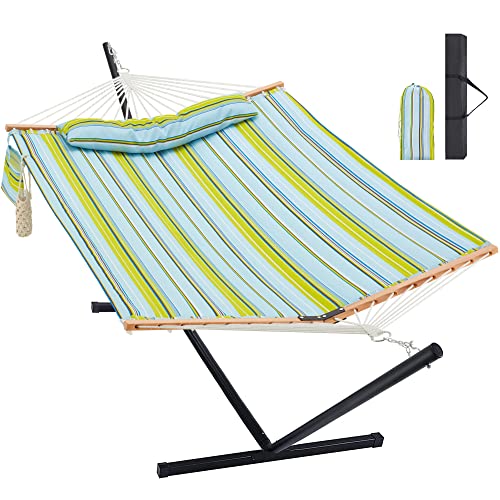 Homgava Two Person Hammock with Stand for Outside Heavy Duty, Outdoor Patio Hammock with Portable Steel Stand, Large Double Hammocks,480lbs Capacity.(Light Blue Stripes) - color: Light Blue Stripes