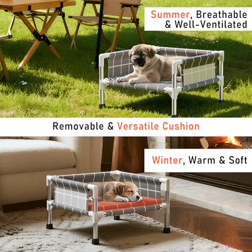 Elevated Dog Bed with Three-Sided Fence and Removable Cushion - Anti-Slip Feet, Stable Design, Easy Assembly, Indoor Relaxation & Outdoor Activities for Small Dogs, All-Season Comfort - size: Cushion-S