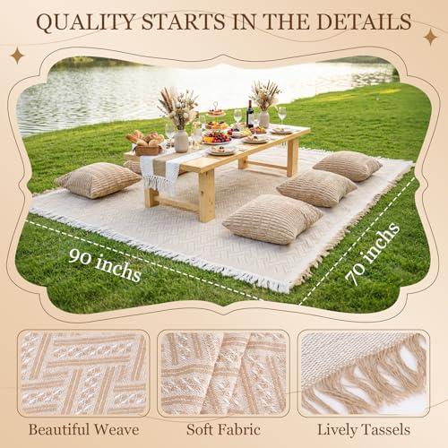 Extra Large Outdoor Boho Picnic Blanket with Table Runner and 6 Throw Pillows Covers Wedding Party Decoration Photoshoot Home Garden Party Decor Patio Lawn Outdoor Mat Beach Party theme Supplies White - color: White