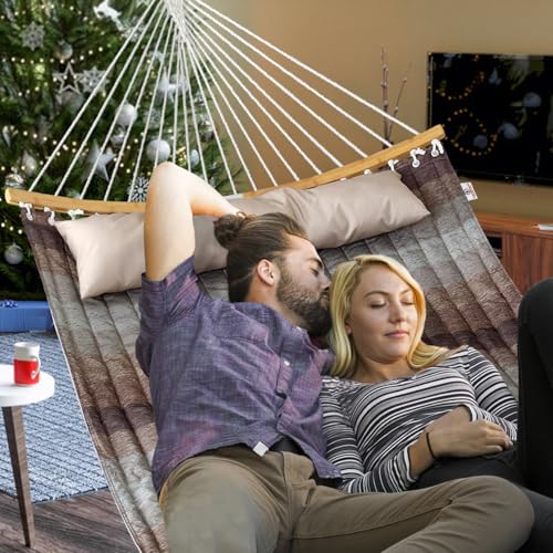 Double Hammock, 11 FT Quilted Fabric 2 Person Hammock for Outside with Pillow, Folding Curved Spreader Bar, Chains, Carrying Bag, Indoor Outdoor, 450 IB Capacity, Aqua Green - color: Aqua Green