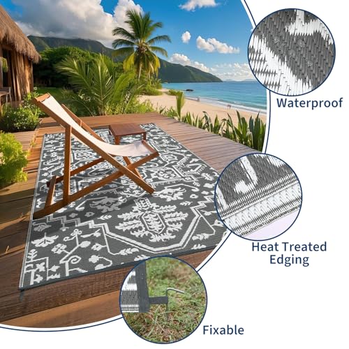 GarveeHome 9x18 Outdoor Rug Boho Vintage Floral Reversible Plastic Straw Large Rugs Waterproof Retro Indoor Outdoor Rug Pet- Kids Friendly Foldable Outside Carpet for Backyard Deck Picnic,Grey White - color: Vintage | Grey White, size: 9' x 18' (Rectangul