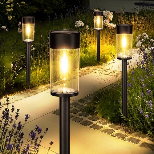 UME 2 Pack Solar Pathway Lights Outdoor, Bright Solar Garden Lights with Metal Design–IP65 Waterproof, Auto On/Off, 3000K LED Landscape Lighting for Yard, Lawn, Walkway, Driveway, Patio Decor - color: Black, size: 2 Pack