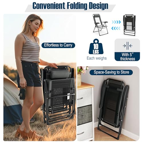 Giantex Set of 2 Patio Folding Chairs, Portable Outdoor Dining Chairs with 7-Level Adjustable Backrest, Headrest, Metal Frame, Outside Recliner for Front Porch Camping Picnic Lawn Garden, Dark Gray - color: Dark Gray