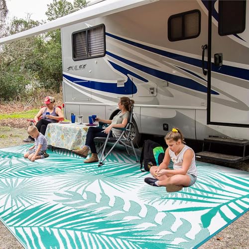 Outdoor Rug Waterproof for Patios Clearance, 10'x14' Quick Drying Outdoor Plastic Straw Rug Camping Carpet, Outside Floor Mats Large Area Rugs for RV,Patio,Deck,Porch, Beach, Balcony,Teal&White - color: Teal Blue, size: 10' x 14' (Rectangular)
