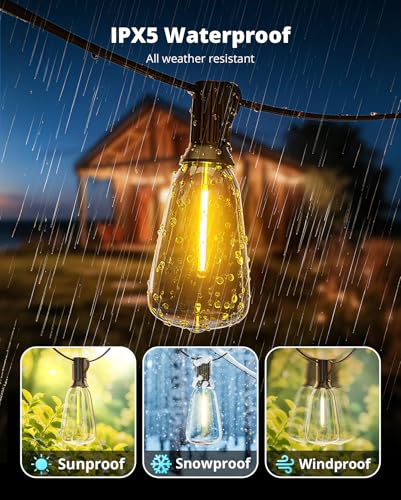 VIPAR Outdoor String Lights 60FT LED Patio Lights LED Waterproof with 26+2 Shatterproof ST38 Edison Bulbs, 2700K Connectable Outside Hanging Light for Porch, Garden, Backyard, Deck, Balcony, Decor - size: 60FT