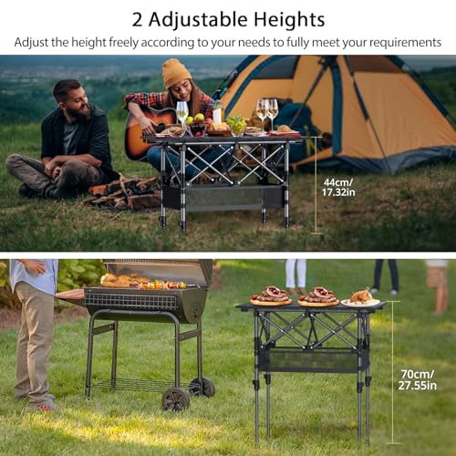 Anbte 2ft Small Roll Up Camping Table, 2 Adjustable Height Aluminum Portable Camping Table with Storage Net & Bag, Lightweight Waterproof Folding Table for Indoor Outdoor BBQ Picnic, 25” X 16”, Black - color: Black, size: 25.2"L x 15.7"W x 27.5"H (2 heigh