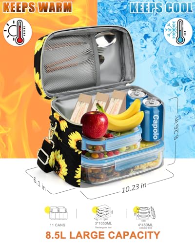 Capolo Lunch Box for Women Men Adults,Insulated Lunch Bag Leakproof Lunch Cooler Box with Removable Strap Cute Lunch Tote Bags Reusable Thermal Lunchbox for School Work Picnic(Small,Sunflower) - color: Sunflower, size: Small