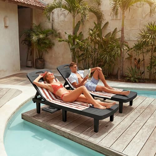 Outdoor Chaise Lounge Set of 2, 5-Position Adjustable Sun Lounge w/Pull-Out Tray, Waterproof PP Lounge Chairs for Outside, Lounge Chairs for Poolside, Patio, Beach, Yard in All Weather,Black - style: Set of 2