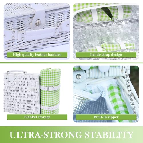Neti Neti Wicker Picnic Basket for 4 with Insulated Cooler & Waterproof Blanket – Large Willow Picnic Hamper for Outdoor, Camping, Beach, Romantic Dates, Valentine’s Day - color: Green Plaid