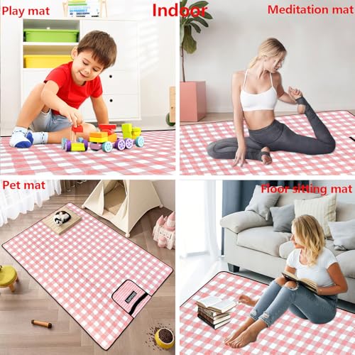 Large Cute Gingham Picnic Blanket 79"X60" Outdoor Picnic Mat Foldable Waterproof Sand Proof Beach Blanket Portable Rug for Picnics Beach Camping Lawn Grass Hiking Concerts Tent Indoor Play Mat, Pink - color: Pink Plaid