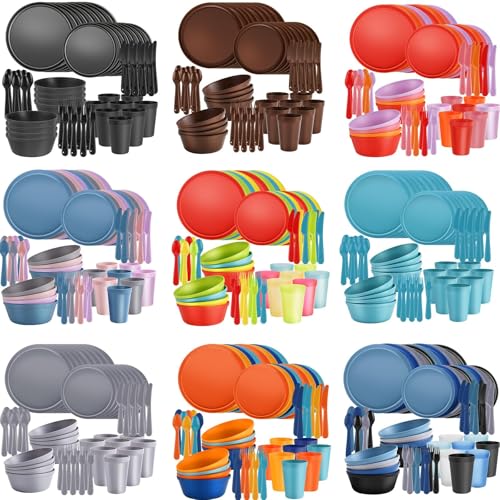 40 Piece Plastic Dinnerware Set for 8 with Cutlery, Unbreakable Plates and Bowls Set, Dishwasher & Microwave Safe Reusable Dish Set for Camping, RV, Outdoor Kitchen, Apartment Dining,Rainbow Multicol - color: Tropical
