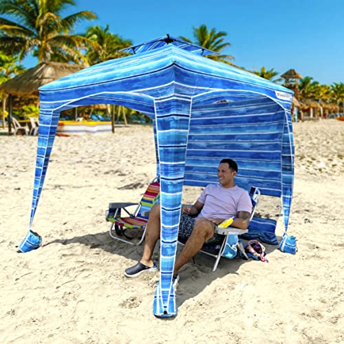 Beach Cabana Canopy Shelter – Sun Shade Tent – 6’ X 6’ - UPF 50+ - Waterproof - Easy Setup – 2 Layer Wind Vent Umbrella – 6 Ft X 6 Ft – BONUS sidewall – Beach, Lake, Park for Family - 2 to 4 People