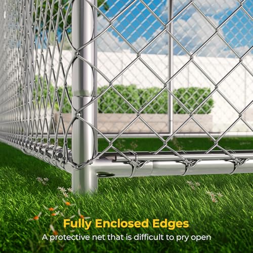 Lyromix 10 x 20FT Large Outdoor Dog Kennel with Bowls, Dog Kennel Outside with Waterproof Cover Roof, Galvanized Heavy Duty Chain Link Dog Runs Cage Playpen for Outside with Secure Lock