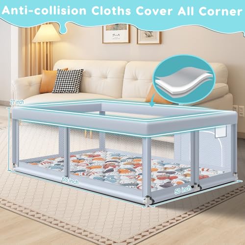 Fshibila 65" ×50" Large Baby Playpen with Mat, Baby Playard for Babies and Toddlers, Play Pens for Indoor & Outdoor, Sturdy Safety Play Yard with Soft Breathable Mesh, Anti-Fall, Grey - color: Grey, size: 65 x 50 IN+MAT