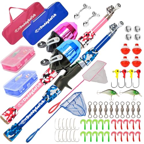 DaddyGoFish Kids Fishing Pole - Rod Reel Combo Tackle Box Starter Set - First Year Small Gear Kit for Boys Girls Toddler Youth Age Beginner Little Children - color: 2 Pack- Blue + Pink (Essential Set), size: 5ft