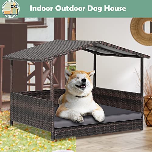 Wicker Dog Bed House, Indoor Outdoor HDPE Rattan Dog Houses, Raised Dog Cot Pet House, Elevated Pets Sofa w/Washable Cover, Waterproof Roof Shelter, Removable Cushion Lounge - style: Grey
