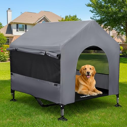 42" Dog House Outdoor Indoor with Breathable Mesh Windows, 2-in-1 Outside Dog House Elevated Dog Bed Cot Dog Tent Shade Shelter, Easy to Assemble & Clean (42 INCH) - size: 42 INCH