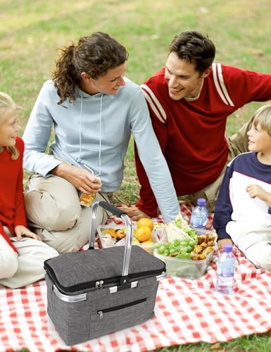Large Picnic Basket Insulated, Foldable Shoping Basket Cooler Bag, Leakproof Picnic Baskets with Handle and Lid for Camping Outdoor Birthday Lunch BBQ Travel Beach(Gray, 17.7x10.2x9.8in) - color: Gray, size: 17.7 x 10.2 x 9.8 in