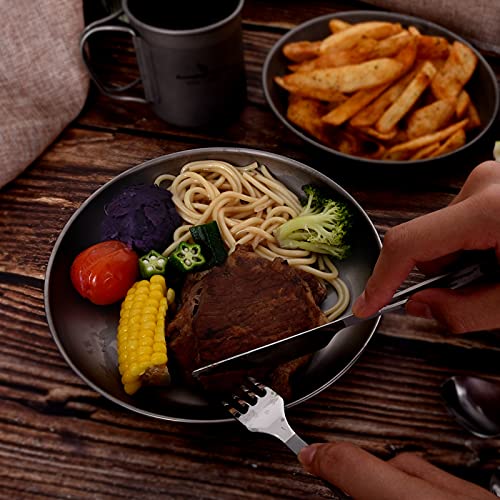 iBasingo Titanium Plate 18.5cm Ultralight Camping Dinner Plate, Reusable Metal Dish for Steak, Dessert Portable Round Tray with Mesh Bag for Backpacking, Hiking, Picnic Ti1103T - color: L-Ti1103T