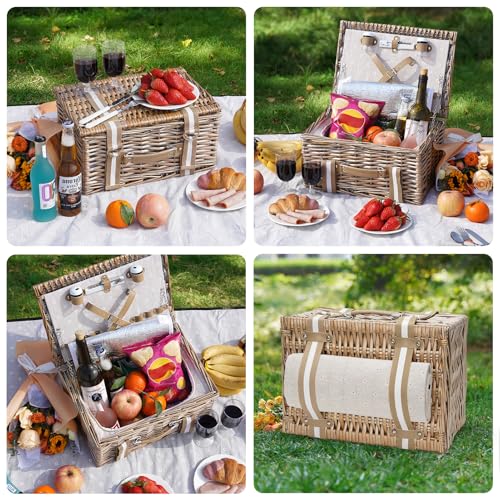 G GOOD GAIN Picnic Basket for 2 - Wicker Picnic Set with Waterproof Blanket| Large Picnic Hamper with Insulated Cooler & Cutlery Kit for Couples Camping,White Flower,15x11x7.5inch - color: White Flower
