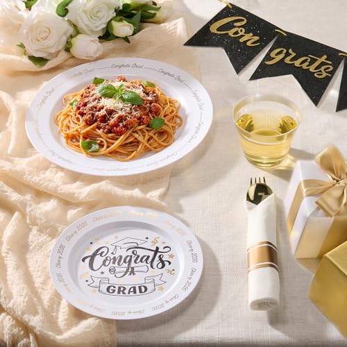 Goodluck 350 Piece Graduation Gold Plastic Dinnerware Set for 50 Guests, Congrats Grad Disposable Plates Include: 50 Dinner Plates, 50 Dessert Plates, 50 Cups, 50 Pre Rolled Napkins with Silverware - color: White, style: 350 Piece (50 guests)