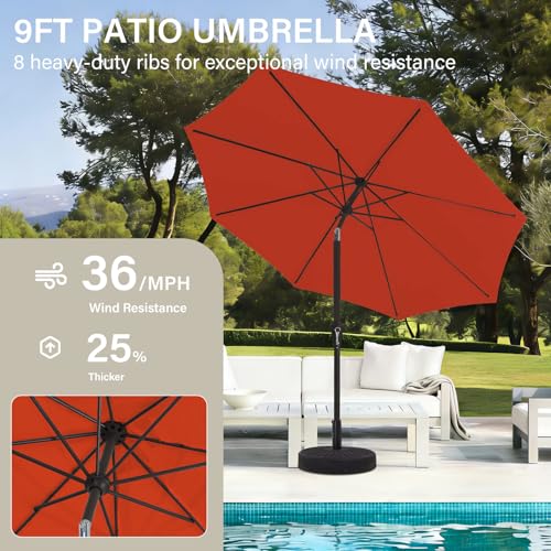 MEWAY 9ft Patio Umbrella Outdoor Table Umbrellas with Push Tilt and Crank, Market Umbrella 8 Sturdy Ribs for Deck, Garden, Pool and Backyard, Red Orange - color: Red Orange, size: 9ft