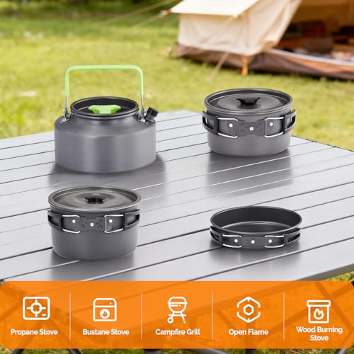 ROVSUN 34/10/6 pcs Camping Cookware Mess Kit, Lightweight Non-Stick Camping Cooking Pot and Pan Set with Stainless Steel Camping Gear Kettle Cup for Open Fire, Backpacking, Outdoor Cooking - style: 34 Pcs