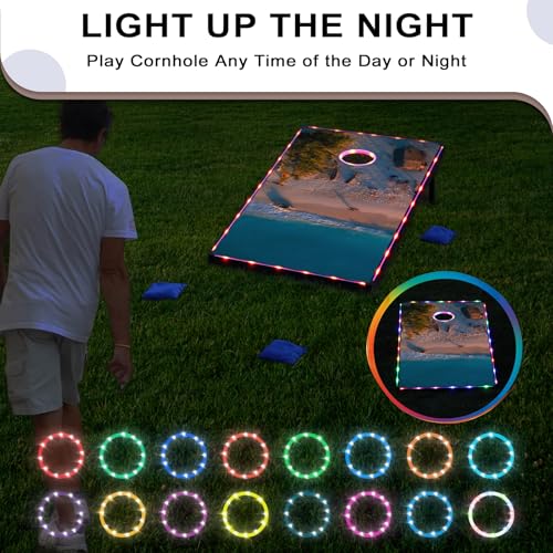 LED Cornhole Set, 3 x 2ft / 4 x2 ft Cornhole Board Game Set, Corn Hole Outdoor Game, Multi-Design with Light-Up Border, 8 Bean Bags, Carrying Case for Backyard, Beach, Lawn - color: Beach, size: 3'x2'