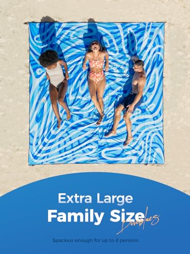 Diveblues Beach Blanket Oversized Extra Large 110" * 118"/ 9 * 10 Ft,Beach Mat Waterproof Sandproof,Soft and Durable, Picnic Mat for Travel Camping, Beach Vacation,4 Stakes & 1 Travel Bag - color: Cerulean Tides