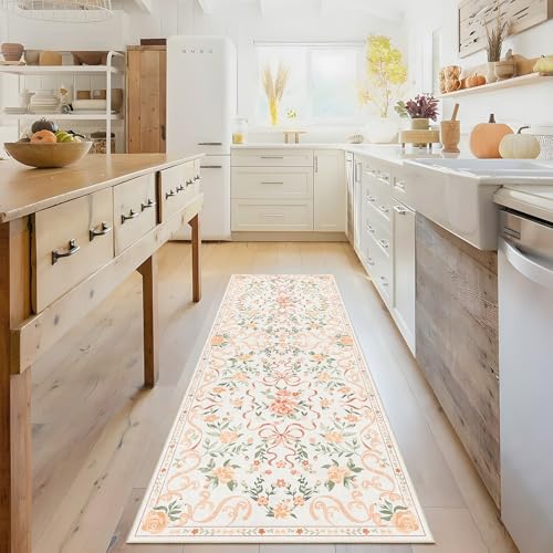Washable Non-Slip Runner Rugs 2X6, Orange Rug Boho Farmhouse Bow Floral Area Rug for Hallway Kitchen Bedroom Beside Laundry Room Bathroom Rug, Low Pile Stain Resistant Soft Floor Carpet - color: Aa#orange (Bow Floral), size: 2' x 6' (Rectangular)