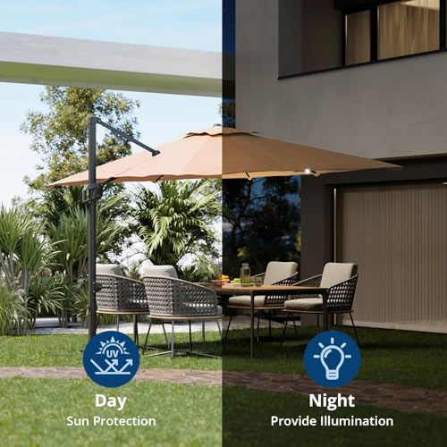 9ft Outdoor Patio Umbrella Heavy Duty 8 Ribs, Waterproof UV Protection Sun Shade with Crank Lift & Push Button Tilt, Outdoor Umbrella for Deck, Pool, Garden, Backyard, Lawn - color: Brown&Square-Lights, size: 10FT Roman