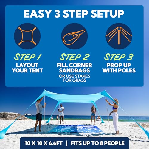SUN NINJA Beach Tent Sun Shelter UPF50+ - Easy Pop Up Beach Canopy - Outdoor Shade for Camping Trips, Fishing, Backyard Fun Picnics - Sand Shovel, Ground Pegs & Stability Poles - color: Turquoise, size: 10x10 FT 4 Pole