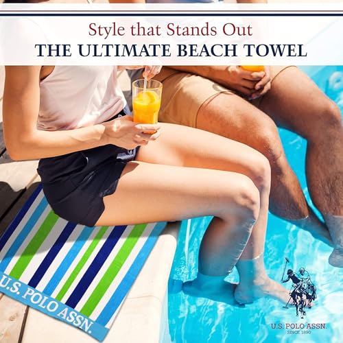 U.S. Polo Assn. 2-Pack Luxury Plush Cotton Oversized (40" x 70") Beach Towels, Striped Nautical Design, Hotel Quality for Bath & Pool- Dark Blue/Light Green - color: Dark Blue/Light Green, size: 40" x 70"