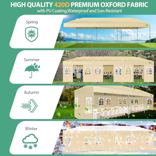 COBIZI 10x30 Pop Up Canopy Tent with Sidewalls 10x30 Party Tent Outdoor for Parties UPF 50+ Windproof Waterproof Gazebo with Air Vent, Wheeled Bag, Sandbag, Stake, Rope,（Khaki - color: Khaki(1-year warranty), size: 10x30