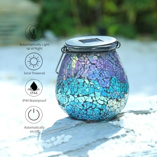 Afirst Mosaic Solar Lanterns Outdoor - Glass Hanging Solar Lights Hollow Out Waterproof Table Lamp Outdoor Decorative for Garden, Patio, Holiday Party Outdoor Decoration - style: ice-purple