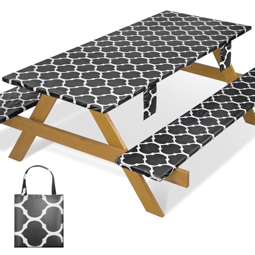 Fitted Picnic Table Cover with Chair Covers Elastic Water Resistant Camping Tablecloth for 6 Foot Rectangle Tables Garden Patio Outdoor Organization Road Trip Hiking Motorhome Essential Gift - color: Black Moroccan, size: 72" x 30" (Rectangular)
